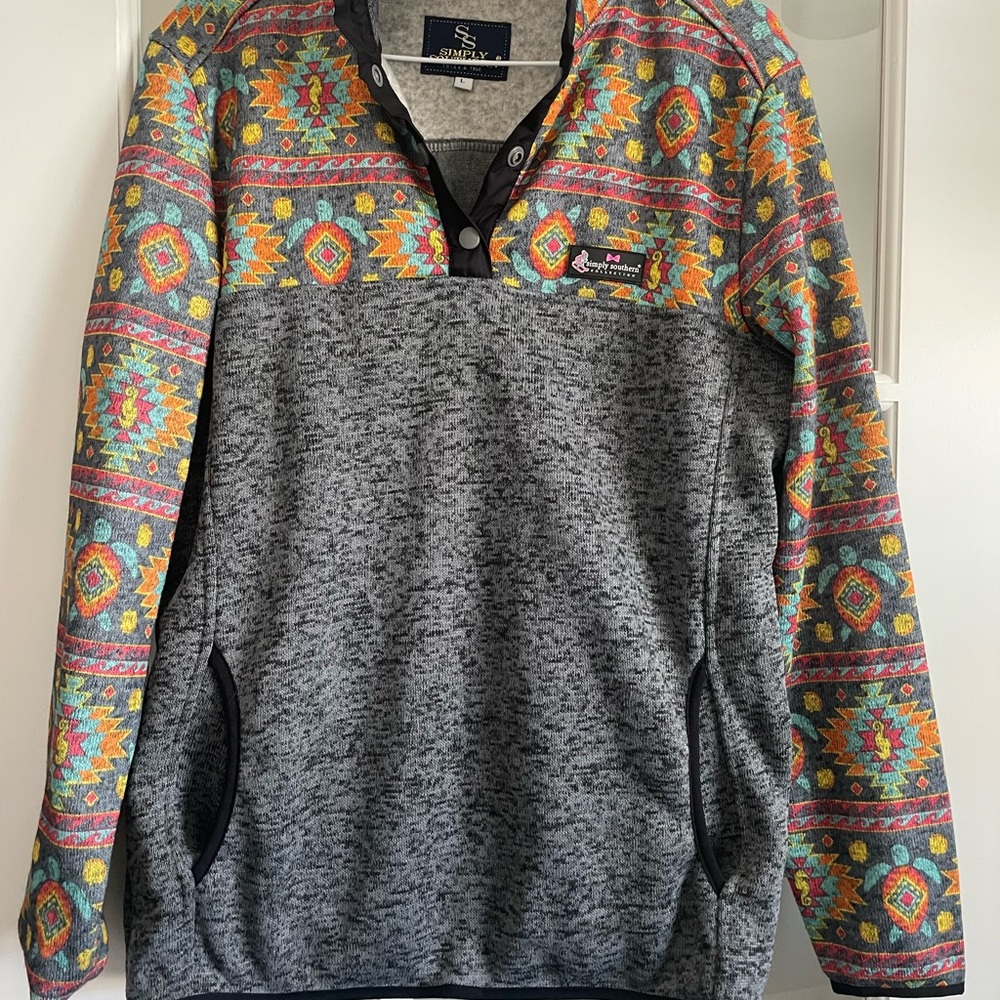 Simply Southern Gray Crew Neck Sweater with Vibrant Pattern
